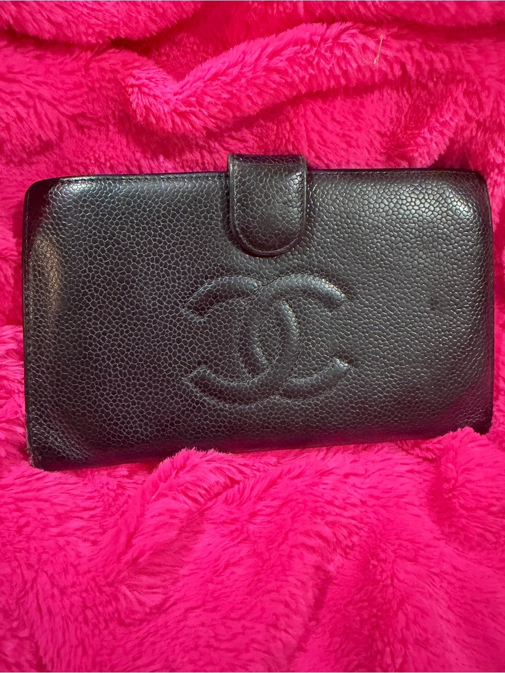 CHANEL Black Caviar Leather Long Wallet with Embossed CC